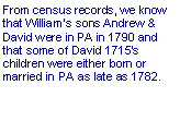 Text Box: From census records, we know that William’s sons Andrew & David were in PA in 1790 and that some of David 1715’s children were either born or married in PA as late as 1782.